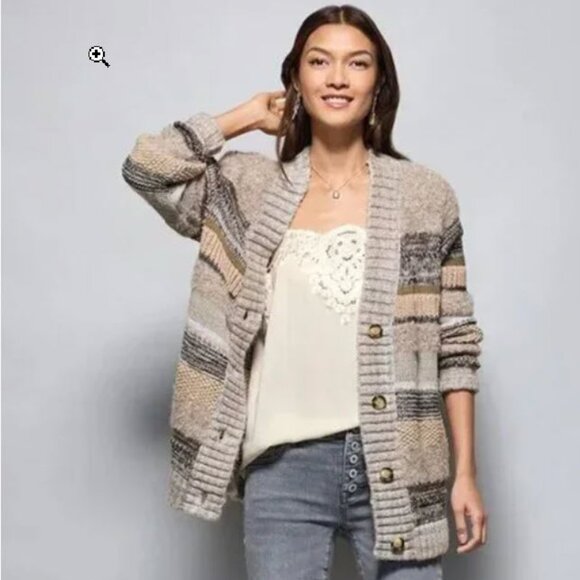 CAbi Boyfriend Gray and Brown Cardigan Sweater V-Neck Long Sleeve Size XS Casual - Picture 1 of 16